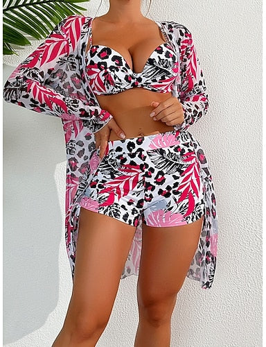 Bikini 3 Piece Swimsuit Underwire Leopard Shorts Slim Backless Vacation Beach Wear V Neck Sleeveless Bathing Suits