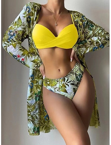 Swimwear Bikini Three Piece Cheeky Swimsuit Slim Backless Vacation Beach Wear Leaves Halter Neck Sleeveless Bathing Suits