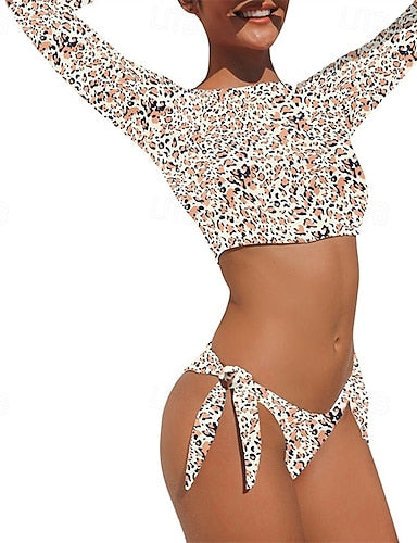 Rash Guard Swimsuit Leopard Printed 2 Piece Backless Spandex Uv Sun Protection Upf50+ Quick Dry Long Sleeve Swimwear Swimsuit Surfing Beach Water Sports Summer