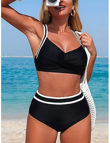 Swimwear Bikini 2 Piece Briefs Swimsuit Tummy Control High Waist Slim Backless Vacation Beach Wear Stripe V Neck Sleeveless Bathing Suits