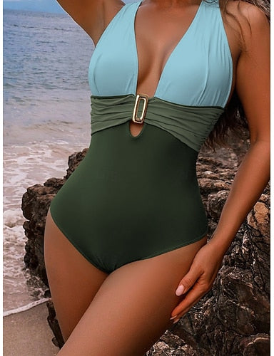 Swimwear One Piece High Waist Swimsuit Ruched Patchwork Vacation Plain V Neck Sleeveless Bathing Suits