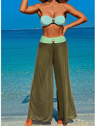 Swimwear Three Piece Pant Swimsuit Ruched Backless Vacation Beach Wear Plain Strapless Sleeveless Bathing Suits