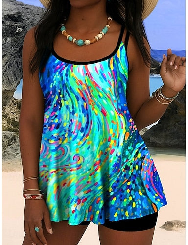Tankini 2 Piece Swimsuit Palm High Waist Backless Vacation Beach Wear Graphic Geometic U Neck Sleeveless Bathing Suits