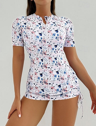 Swimwear 2 Piece Shorts Swimsuit Zipper Vacation Beach Wear Graphic Round Neck Short Sleeves Bathing Suits