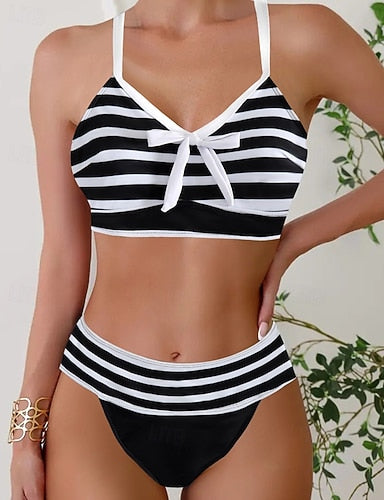 Swimwear 2 Piece Cheeky Swimsuit Backless Vacation Beach Wear Stripe Striped V Neck Sleeveless Bathing Suits
