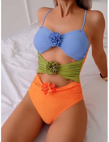One Piece Swimsuit Ruched Cutout Monokini Tummy Control High Waist Slim Backless Vacation Beach Wear Color Block V Neck Sleeveless Bathing Suits