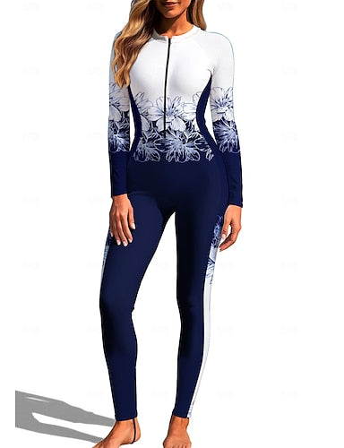 Regular Rash Guard Full Body Rash Guard One Piece Surfing Suit Tropical Color-blocking Zip Up With Built in Bra Front Zip Uv Sun Protection Full Coverage Upf50+ Long Sleeve Full Body