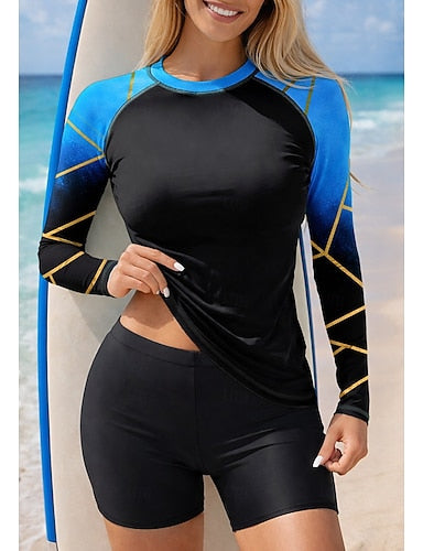 Rash Guard Swimsuit Rash Guard Tankini Swimsuits Gradient Stripes 2 Piece Removable Pad Boyleg Uv Sun Protection Upf50+ Uv Protection Long Sleeve Swimwear Sun Shirt Surfing Canoeing Water