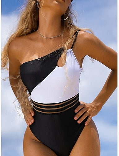 Swimwear One Piece Monokini Swimsuit Mesh Tummy Control High Waist Slim Backless Vacation Beach Wear Color Block Sleeveless Bathing Suits