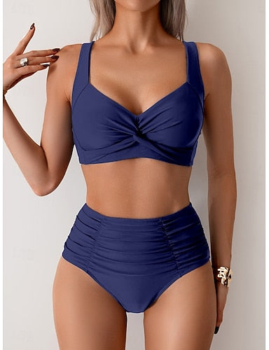 Swimwear Bikini 2 Piece Briefs Swimsuit Backless Slim High Waisted Vacation Beach Wear Color V Neck Sleeveless Bathing Suits