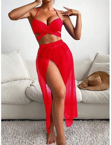 Bikini 2 Piece Swimsuit Skirt Slim Backless Vacation Beach Wear Color Halter Neck Sleeveless Bathing Suits