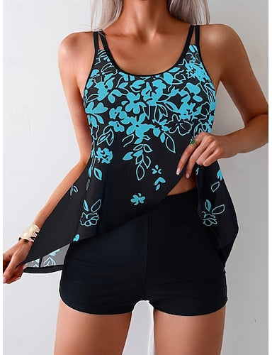 Tankini 2 Piece Swimsuit Boy Leg Tummy Control High Waist Slim Backless Vacation Beach Wear U Neck Sleeveless Bathing Suits
