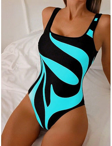 Swimwear One Piece Swimsuit Ruched Backless Vacation Beach Wear Geometric Scoop Neck Sleeveless Bathing Suits