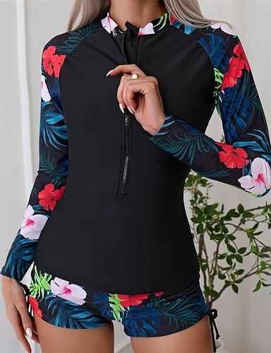 Rash Guard Swimsuit Patchwork Printed 2 Piece Front Zip Quick Dry Lightweight Breathable Long Sleeve Swimwear Swimsuit Surfing Beach Water Sports Summer