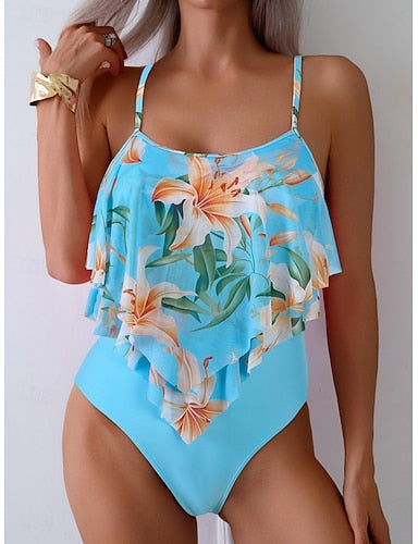 Tankini 2 Piece Swimsuit Shorts Tummy Control High Waist Slim Backless Vacation Tropical Scoop Neck Sleeveless Bathing Suits