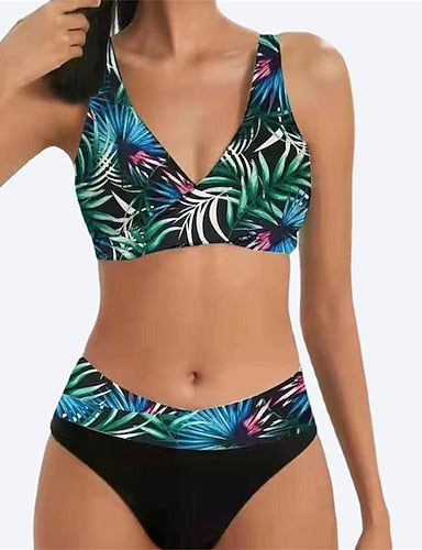 Normal Swimwear Bikini 2 Piece Cheeky Swimsuit Backless 2 Piece Push Up Printing Vacation Stylish Ombre Leaf V Wire Sleeveless Bathing Suits