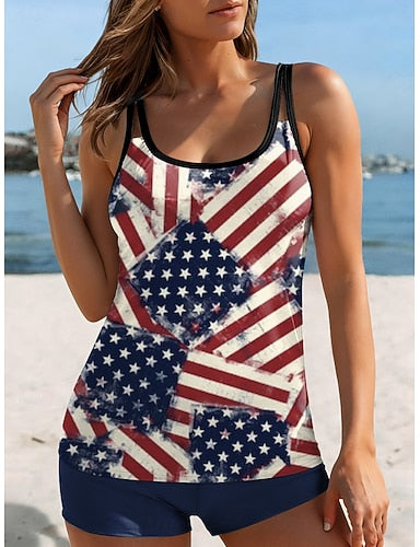 American Independence Day Swimwear Tankini 2 Piece Briefs Swimsuit Backless Vacation Beach Wear Graphic U Neck Sleeveless Bathing Suits