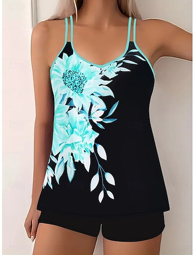 Tankini 2 Piece Swimsuit Boy Leg Tummy Control High Waist Slim Backless Vacation Beach Wear Geometric Scoop Neck Sleeveless Bathing Suits