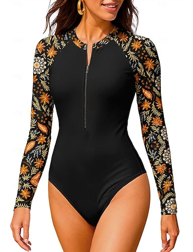 Regular Rash Guard Bathing Suit One Piece Swimsuit Paisley Tropical With Built in Bra Upf50+ Uv Protection Stretchy Long Sleeve Swimwear Bodysuit Surfing Beach Water Sports Summer