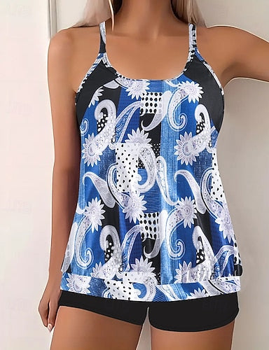 Swimwear 2 Piece Shorts Swimsuit Backless Vacation Beach Wear U Neck Sleeveless Bathing Suits