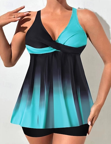 Tankini Two Piece Swimsuit V Neck Swimwear Swimwear Black White Quick Dry Lightweight Breathable Sleeveless - Surfing Beach Swimming Summer Spring