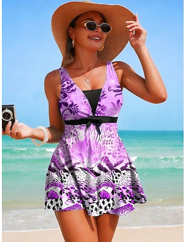 Tankini 2 Piece Swimsuit With Skirt Skirt Tie Front Vacation Beach Wear Graphic V Neck Sleeveless Bathing Suits