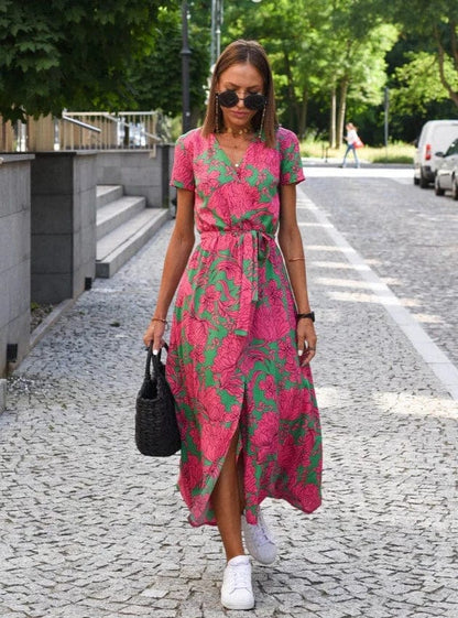 SL | Elégante robe midi d'été à fleurs multicolores
