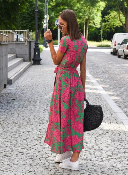 SL | Elégante robe midi d'été à fleurs multicolores