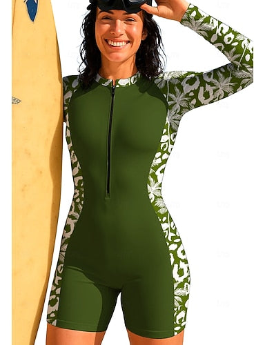 Regular Rash Guard One Piece Surfing Suit Bathing Suit Leopard Color-blocking Zip Up With Built in Bra Removable Pad Uv Sun Protection Upf50+ Ultra Light (ul) Long Sleeve Swimwear Sun Shirt