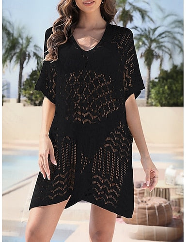 Cover Up Swimsuit Dress Cut Out Knit Vacation Beach Wear Color V Neck Short Sleeves Bathing Suits