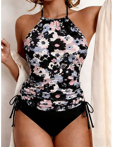 Swimwear Tankini 2 Piece Cheeky Swimsuit Drawstring Vacation Beach Wear Graphic Halter Neck Sleeveless Bathing Suits