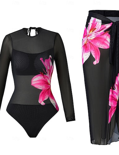 One Piece Swimsuit Slimming With Skirt Monokini Skirt Mesh Tummy Control High Waist Slim Vacation Round Neck Long Sleeve Bathing Suits