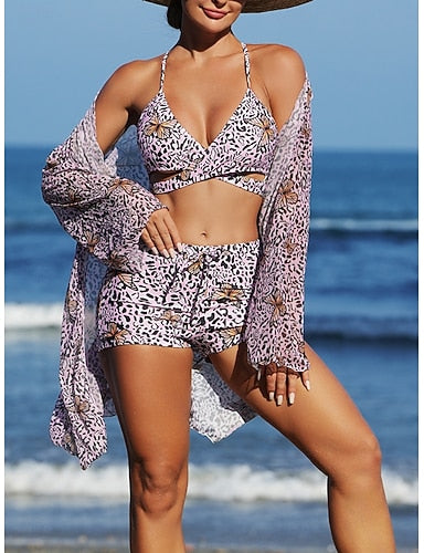 Bikini 3 Piece Swimsuit Shorts Slim Backless Vacation Beach Wear V Neck Sleeveless Bathing Suits