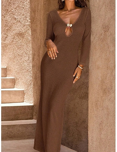 Maxi Long Dress Beach Dress Summer Dress Modern Outdoor Beach Vacation Loose Fit Plain Long Sleeve V Neck Black Brown Green Beige Summer Spring