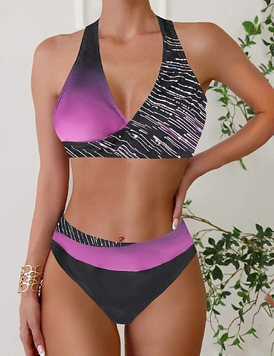 Swimwear 2 Piece Skirt Swimsuit Backless Vacation Beach Wear Stripe Striped V Neck Sleeveless Bathing Suits