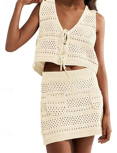 Swimwear 2 Piece Skirt Swimsuit Cut Out Knitted Vacation Beach Wear Plain V Neck Sleeveless Bathing Suits