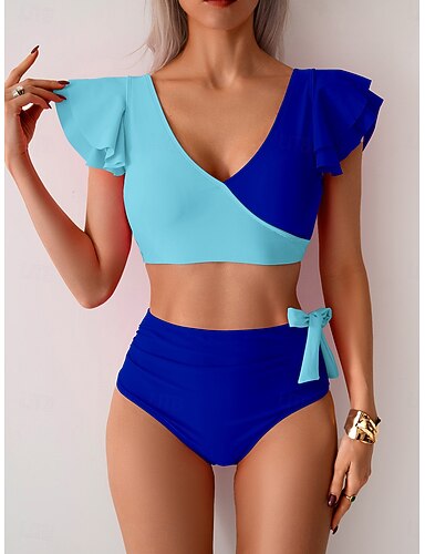Bikini 2 Piece Swimsuit Colorblock Briefs Slim Backless Vacation Beach Wear Color Block V Neck Sleeveless Short Sleeves Bathing Suits