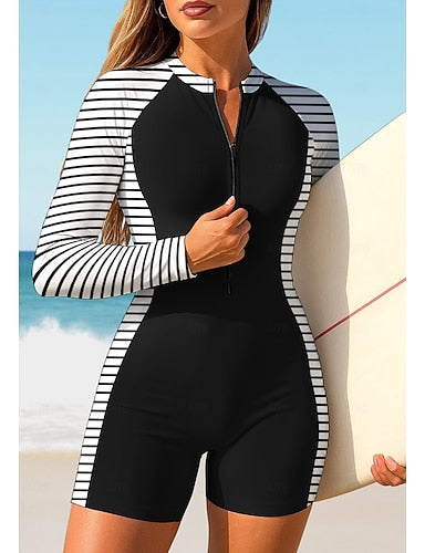 Rash Guard One Piece Surfing Suit Bathing Suit Geometric Stripes Color-blocking Zip Up With Built in Bra Removable Pad Uv Sun Protection Upf50+ Ultra Light (ul) Long Sleeve Swimwear Sun Shirt