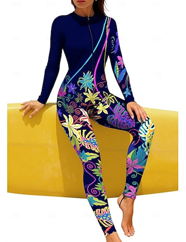 Regular Rash Guard Full Body Rash Guard Bathing Suit Tropical Color-blocking With Built in Bra Front Zip Uv Sun Protection Upf50+ Stretchy Full Body Swimwear Surfing Canoeing Beach