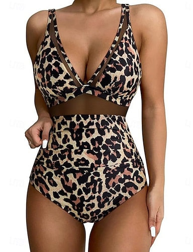 Swimwear One Piece Monokini Swimsuit Mesh Tummy Control High Waist Slim Backless Vacation Beach Wear Leopard Leaves V Neck Sleeveless Bathing Suits