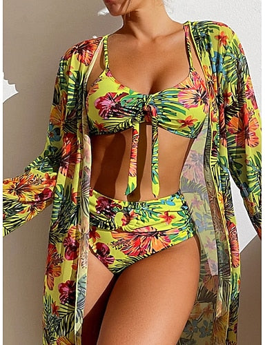 Bikini 3 Piece Swimsuit Palm Briefs Slim Backless Vacation Beach Wear Leaves Scoop Neck Sleeveless Bathing Suits