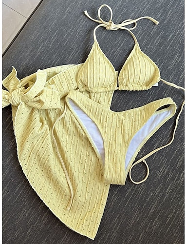 Swimwear Bikini Three Piece Skirt Swimsuit Slim Backless Vacation Beach Wear Color Halter Neck Sleeveless Bathing Suits