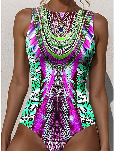 One Piece Swimsuit Slimming Monokini Briefs Tummy Control High Waist Slim Backless Vacation Beach Wear Graphic Round Neck Sleeveless Bathing Suits