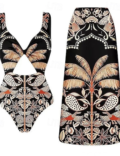 One Piece Swimsuit Colorblock Tummy Control High Waist Slim Backless Vacation Beach Wear Graphic V Neck Sleeveless Bathing Suits