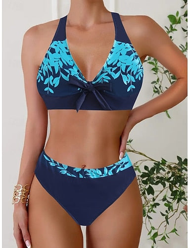 Bikini 2 Piece Swimsuit Colorblock Briefs Slim Backless Vacation Beach Wear Geometric Color Block Halter Neck Sleeveless Bathing Suits