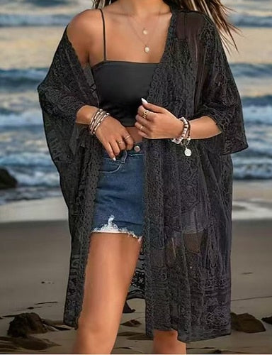 Swimwear Cover Up Swimsuit Lace Vacation Beach Wear Plain V Neck Long Sleeve Bathing Suits