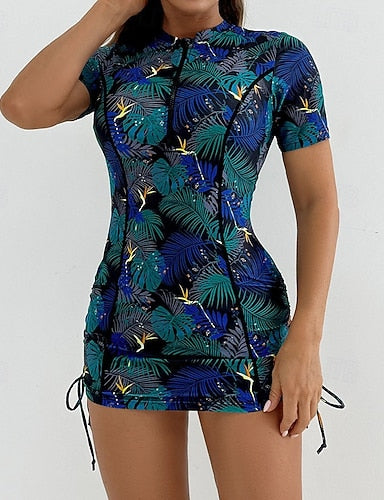 Swimwear 2 Piece Shorts Swimsuit Zipper Vacation Beach Wear Graphic Round Neck Short Sleeves Bathing Suits