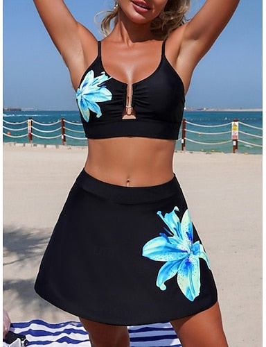 Swimwear Bikini 2 Piece Skirt Swimsuit Tummy Control High Waist Slim Backless Vacation Beach Wear V Neck Sleeveless Bathing Suits