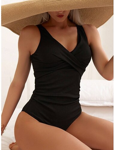 One Piece Swimsuit Slimming Ruched Monokini Tummy Control High Waist Slim Backless Vacation Beach Wear Color V Neck Sleeveless Bathing Suits