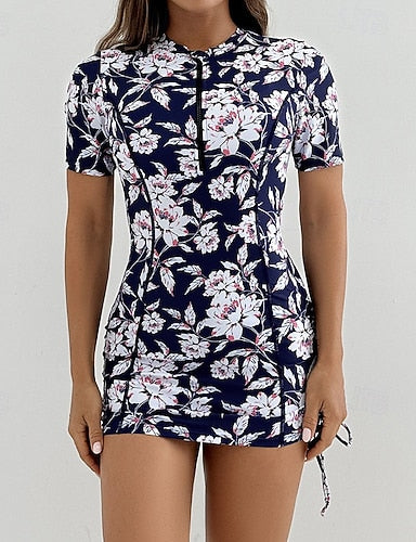 Swimwear 2 Piece Shorts Swimsuit Zipper Vacation Beach Wear Graphic Round Neck Short Sleeves Bathing Suits